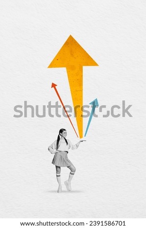 Vertical collage picture of black white colors girl arm palm hold arrow pointers indicators upwards isolated on paper background