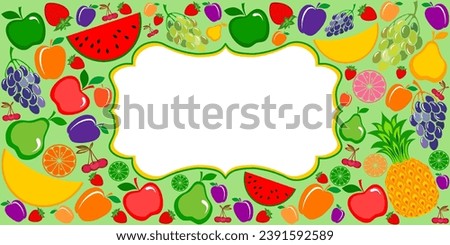 Fruits seamless pattern with frame. Healthy food. Top view, flat layout. Design for herbal and fruit tea, natural cosmetics,candy, wrapping paper, website wallpapers, package, label, grocery. Vector Royalty-Free Stock Photo #2391592589