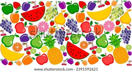 Fruits seamless pattern. Background of fresh falling mixed fruits isolated on white background. Healthy food. Top view, flat layout. Good for textile fabric design, wrapping paper, website wallpapers Royalty-Free Stock Photo #2391592621