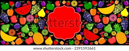 Fruits seamless pattern with frame. Background of fresh falling mixed fruits isolated on white background. Healthy food. flat layout. Good for textile fabric design, wrapping paper, website wallpapers Royalty-Free Stock Photo #2391592661