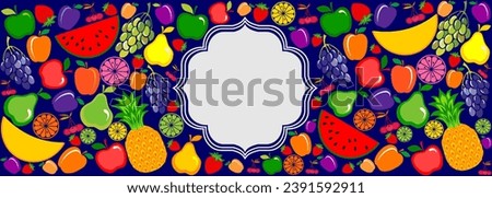 Fruit frame. Seamless fruit pattern with place for text. doodle illustration with fruit icons. Fruit background Healthy food. Top view, flat layout. Good for textile fabric design, wrapping paper, web Royalty-Free Stock Photo #2391592911
