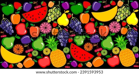 Fruits seamless pattern. Background of fresh falling mixed fruits isolated on black background. Healthy food. Top view, flat layout. Good for textile fabric design, wrapping paper, website wallpapers Royalty-Free Stock Photo #2391593953