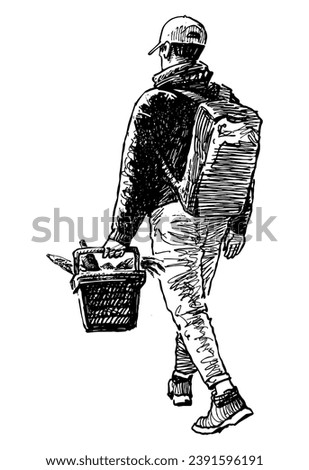 Hand drawn drawing of casual city dweller with backpack and full grocery basket