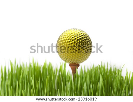 Golden golf ball on white background close up