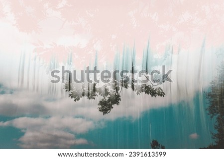 Abstract photography - multiple exposure. Trees and blue sky with clouds.