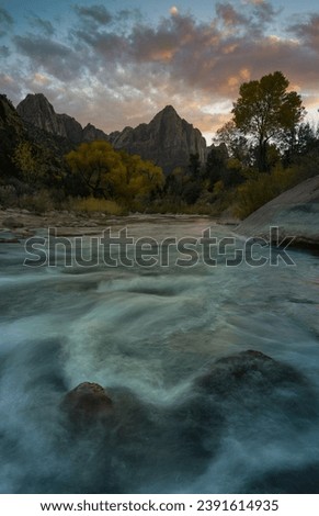 Virgin river with views to the watchman mountain located in Zion national park, Utah America. Royalty-Free Stock Photo #2391614935
