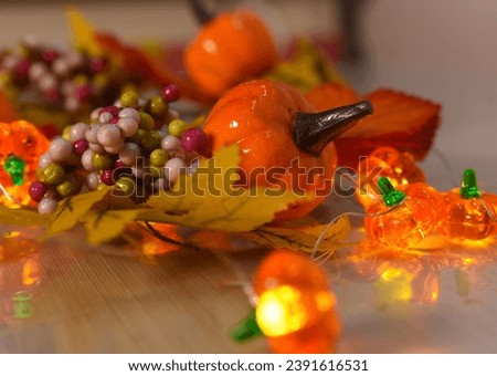 Orange garland and small pumpkins close-up. Autumn postcard.