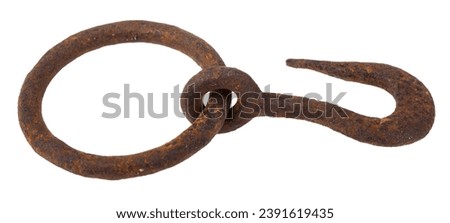 Old rusty hook isolated on white background. Detail for design. Design elements. Macro. Background for business cards, postcards and posters.