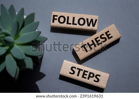 Follow these steps symbol. Wooden blocks with words Follow these steps. Beautiful grey background with succulent plant. Business and Follow these steps concept. Copy space.