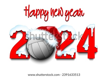 Happy new year. Snowy numbers 2024 with volleyball ball in a Christmas hat. Original template design for greeting card, banner, poster. Vector illustration on isolated background