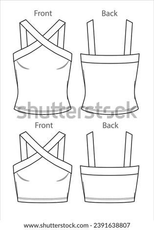 Vector woman strapless blouse sketch, sleeveless T-Shirt fashion CAD, summer crop tank top technical sketch, female flat, template.Jersey or rib fabric 2 pcs set tee with front, back view, white color Royalty-Free Stock Photo #2391638807