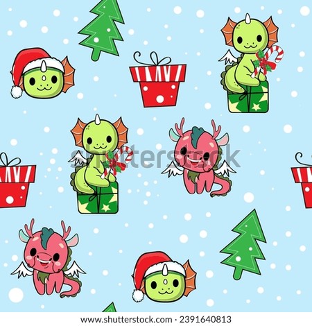 Merry Christmas and Happy New Year seamless pattern Little dragons in Santa Clause Hat. Vector illustration of kawaii style. Chinese symbol new year