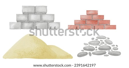 Brick and Sand Set. Watercolor illustration of building material. Hand drawn clip art on isolated background. Sketch of crushed stone for construction. Brickwork and cinder block drawing.