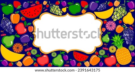 Fruits seamless pattern with frame. Background of fresh falling mixed fruits. Healthy food. Top view, flat layout. Good for textile fabric design, wrapping paper, website wallpapers, package, label Royalty-Free Stock Photo #2391643175