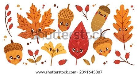Cute autumn leaves and acorns cartoon vector illustration. Oak, acorn, tree leaves. Nature print in Scandinavian style Royalty-Free Stock Photo #2391645887