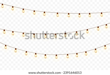 Lights bulbs isolated on transparent background. Glowing fairy Christmas garland strings. Vector New Year party led lamps decorations Royalty-Free Stock Photo #2391646013