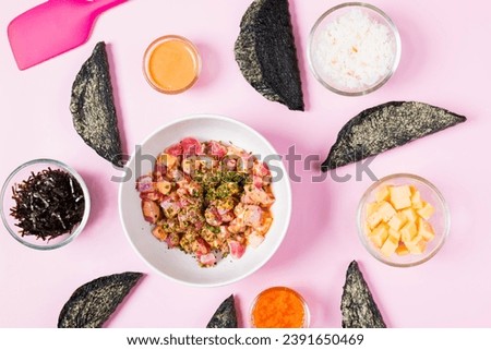 The image depicts a variety of different types of food, including ingredients and vegetables, arranged on a pink pastel background. The focus is on healthy food choices.