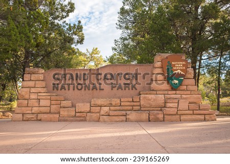 The entrance sign to Grand Canyon National Park, Arizona, USA
