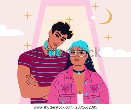 Beautiful young couple in trendy pink and neon colours. Cool attitude boy and girl portraits. Retro nostalgic vibe concept. 