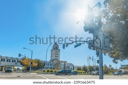 sun shining over Beverly Hills city hall, California Royalty-Free Stock Photo #2391663475