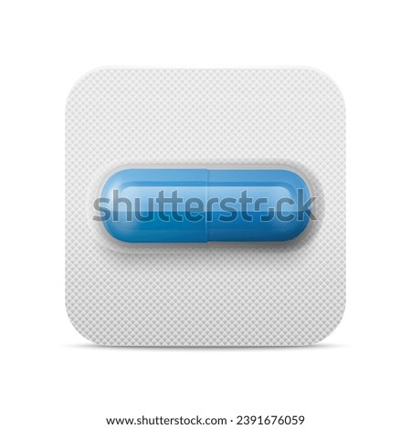 Vector Realistic Pharmaceutical Medical Blue Pill, Vitamins, Capsule in Blister Closeup Isolated. Pill in Blister Packaging Design Template. Front View. Medicine, Health Concept Royalty-Free Stock Photo #2391676059