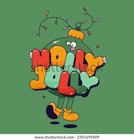 Christmas groovy ball character with letters Holly Jolly and garland on green background. Royalty-Free Stock Photo #2391699409