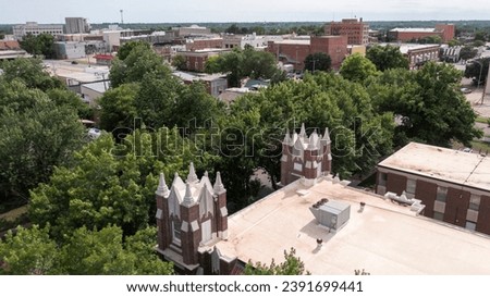 View of a historic church in downtown Arkansas City, Kansas, USA.