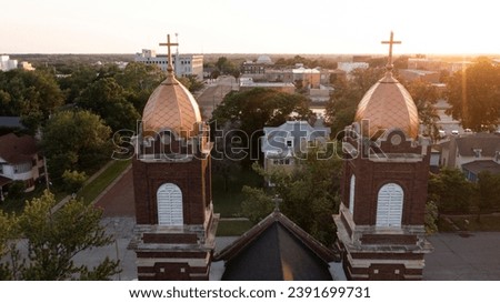 Sunset view of a church in historic downtown Arkansas City, Kansas, USA.
