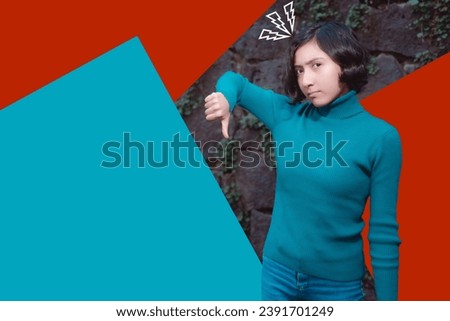 Creative photo collage illustration of a young girl, she has angry expression and with her hand is making a sign of disapproval, for social networks. drawing background has space for text.