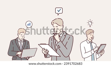 People holding tablet PC, paper documents set. Happy employee characters, experts, advisors with pads in hands. Business men. Hand drawn style vector design illustrations.