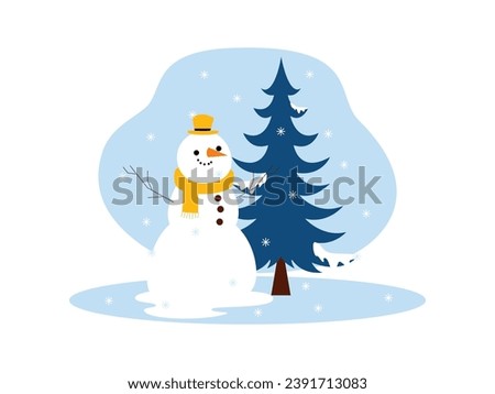 Snowman next to a small tree, snow falling heavily, winter vector illustration.