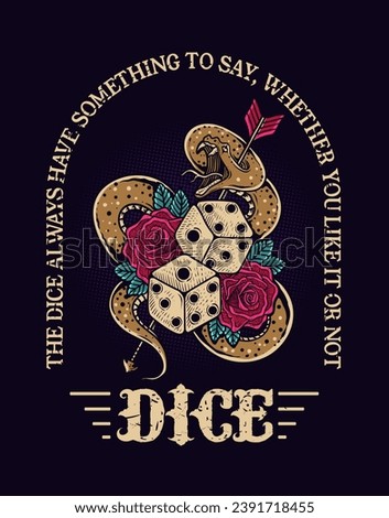 Illustration vintage dice rose flower with snake.