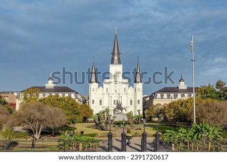 scenic view to New Orleans skyline in morning light to Jackson Square with St. Louis cathedral, New Orleans, Louisiana, USA
