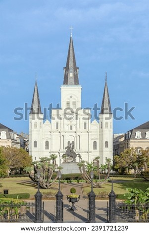 scenic view to New Orleans skyline in morning light to Jackson Square with St. Louis cathedral, New Orleans, Louisiana, USA