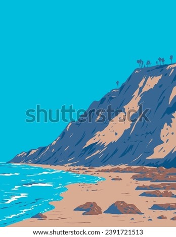 WPA poster art of surf beach at Black's Beach in the bluffs of Torrey Pines on the Pacific Ocean in La Jolla, San Diego, California, United States USA done in works project administration.