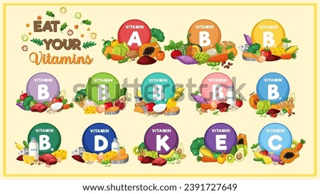 Illustration showcasing different food groups categorized by their vitamin content