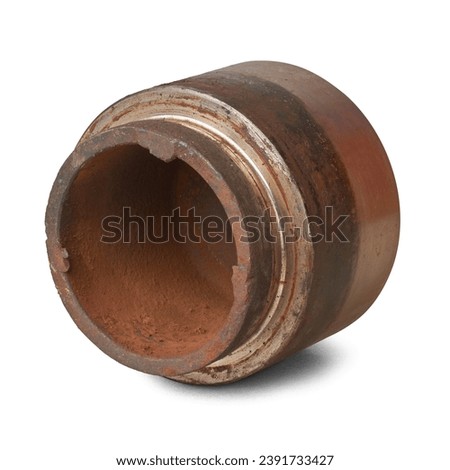close-up of old disc brake caliper piston, rusty and worn out components in the car hydraulic braking system, regular inspection and maintenance of braking system concept, isolated on white background Royalty-Free Stock Photo #2391733427