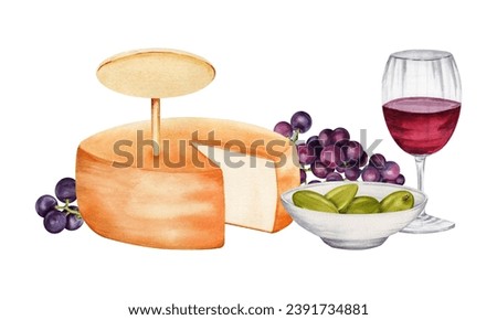 Composition with cheese, bowl of green olives, bunches of red grapes and glass of red wine. Hand drawn watercolor illustration isolated on white background. Picnic tasting platter. Empty mock up tag.
