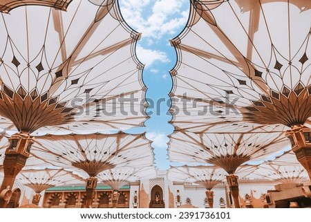 Umbrella Canopies At Nabawi Masjid Medina With Blue Beautiful Sky