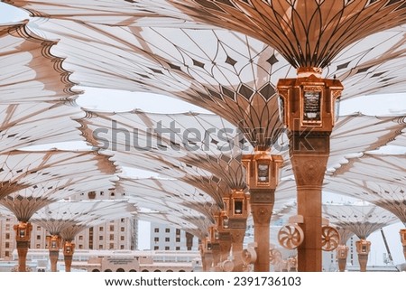 Umbrella Canopies At Nabawi Masjid Medina With Golden Pole
