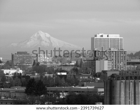 Portland Oregon city skyline with buildings and a mountain
