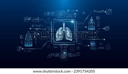Lung organ human in microchip processor circuit board. HUD interface hologram. Innovative health care analysis of AI technology digital hi tech. Modern treatment future medicine. Vector.