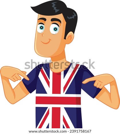 
English Man Pointing to Union Flag Shirt Vector Cartoon. Soccer supporter pointing to his chest feeling patriotic
