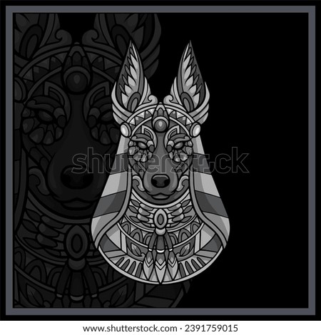 Illustration of Monochrome Anubis head mandala arts isolated on black background