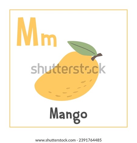 Mango clipart. Mango vector illustration cartoon flat style. Fruits start with letter M. Fruit alphabet card. Learning letter M card. Kids education. Cute mango vector design