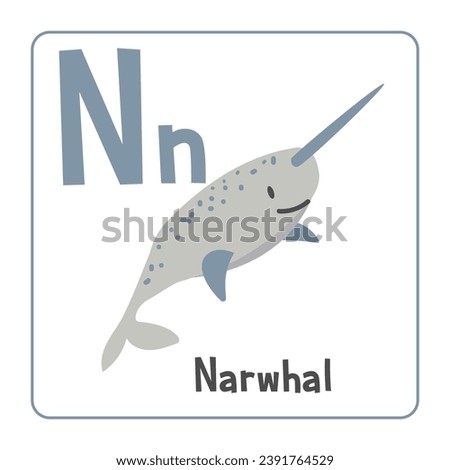 Narwhal clipart. Narwhal vector illustration cartoon flat style. Animals start with letter N. Animal alphabet card. Learning letter N card. Kids education. Cute narwhal vector design