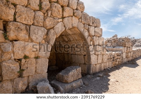 Arched exit to a dilapidated fortress wall in the medieval fortress of Nimrod - Qalaat al-Subeiba, located near the border with Syria and Lebanon on the Golan Heights, in northern Israel