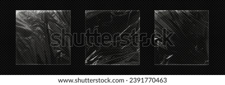 Vinyl cover with shrinks and transparent overlay effect. Realistic vector illustration set of square plastic package mockup - texture of cellophane or polythene seal wrapper with wrinkle and creases. Royalty-Free Stock Photo #2391770463