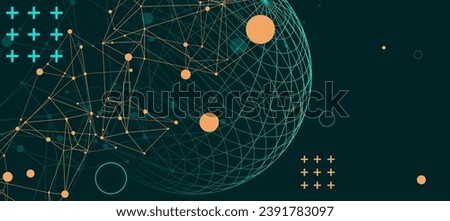 Abstract scientific background using wireframe sphere and plexus effect. Handmade vector illustration