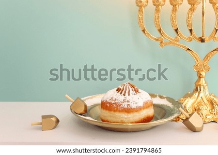 Religion image of jewish holiday Hanukkah background with menorah (traditional candelabra) Royalty-Free Stock Photo #2391794865